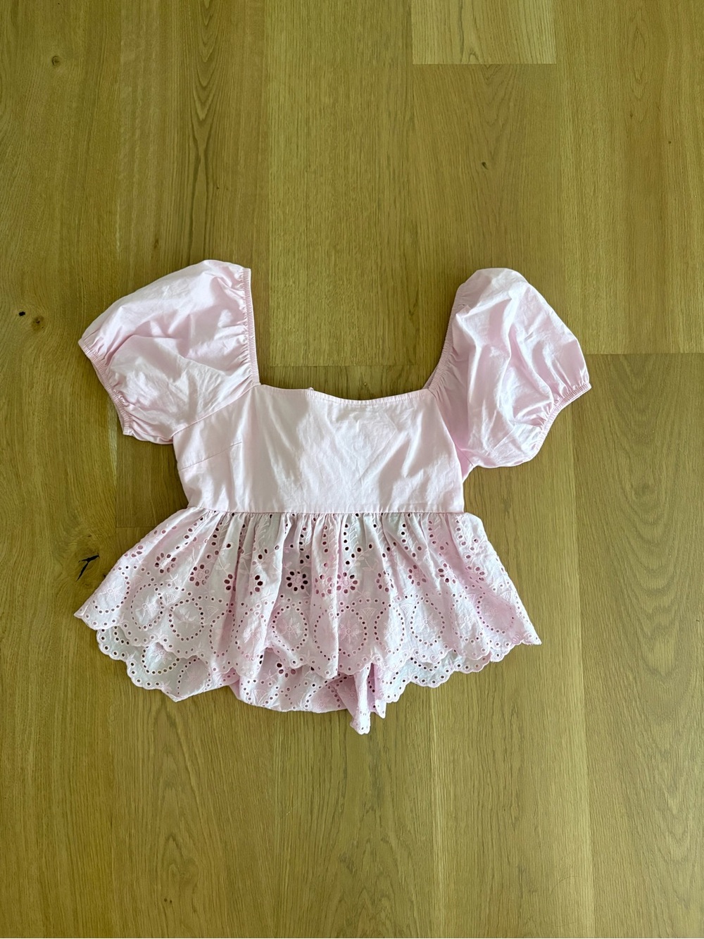 Altar'd State Pink Eyelet Peplum Puff Sleeve Top